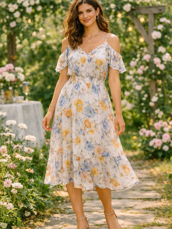 Umgee Dresses & Skirts - Umgee Cream Floral Cold-Shoulder Midi Dress with Blue and Yellow Blooms